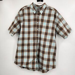 Cinch Short Sleeve Button Front Shirt Mens Size Large Turquoise Brown Plaid